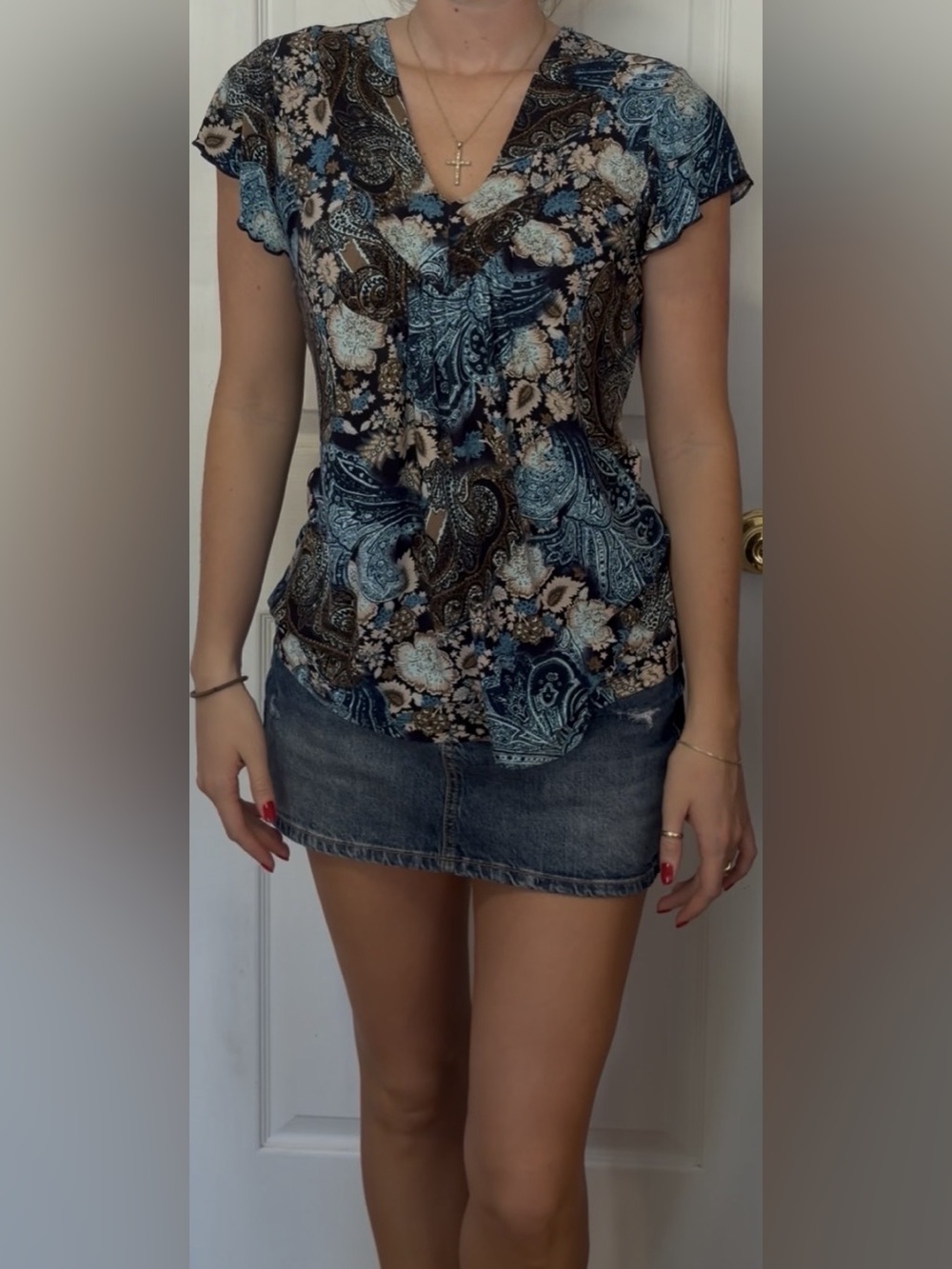 Y2K Paisley Blouse in Blue & Brown Size Medium NWT